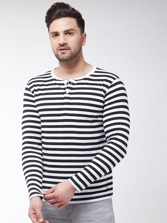 Gritstones Cotton Blend Striped Full Sleeves Stylized Neck Mens  T-Shirt